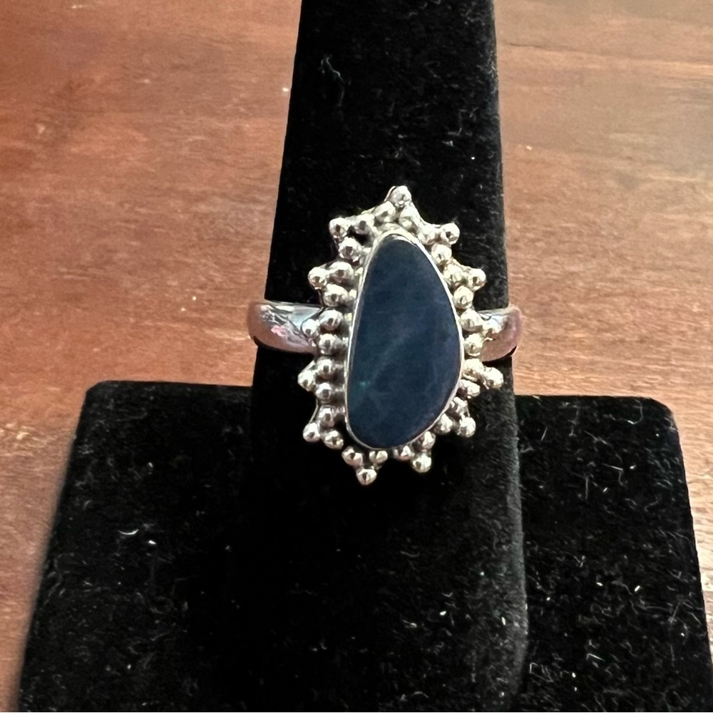 Australian Dark Blue Teal Opal Doublet 925 Silver Granulation Ring NEW 8 #528 - Picture 4 of 7